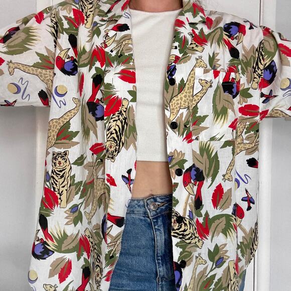 Rhapsody Safari Jungle Print Button Up Cotton Blouse Vintage 1990s Size Large - Picture 5 of 12